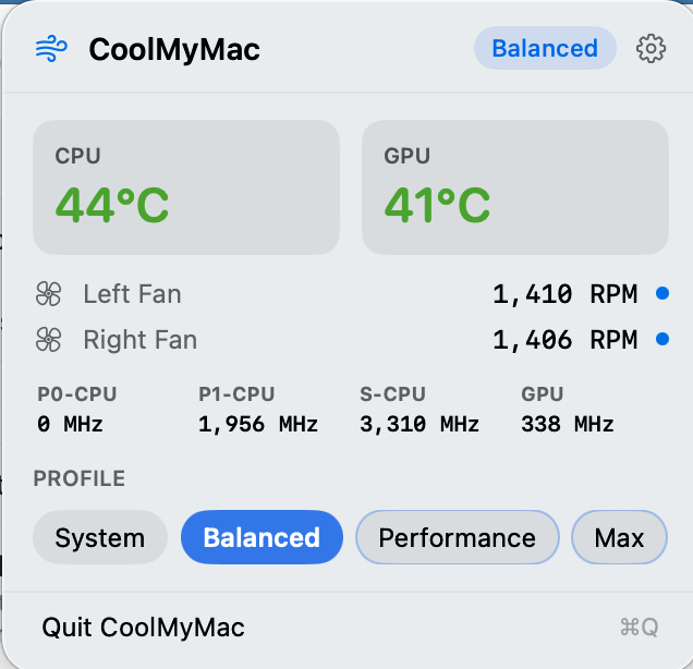 CoolMyMac Menu Bar Interface